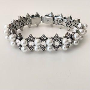 Vintage Bassett faux pearl bracelet rhinestones art deco silver tone